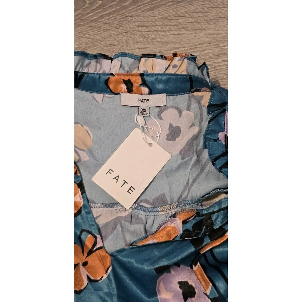 NWT FATE Women's Floral Long Sleeve Peasant Blouse Blue Orange‎ White Size 3XL